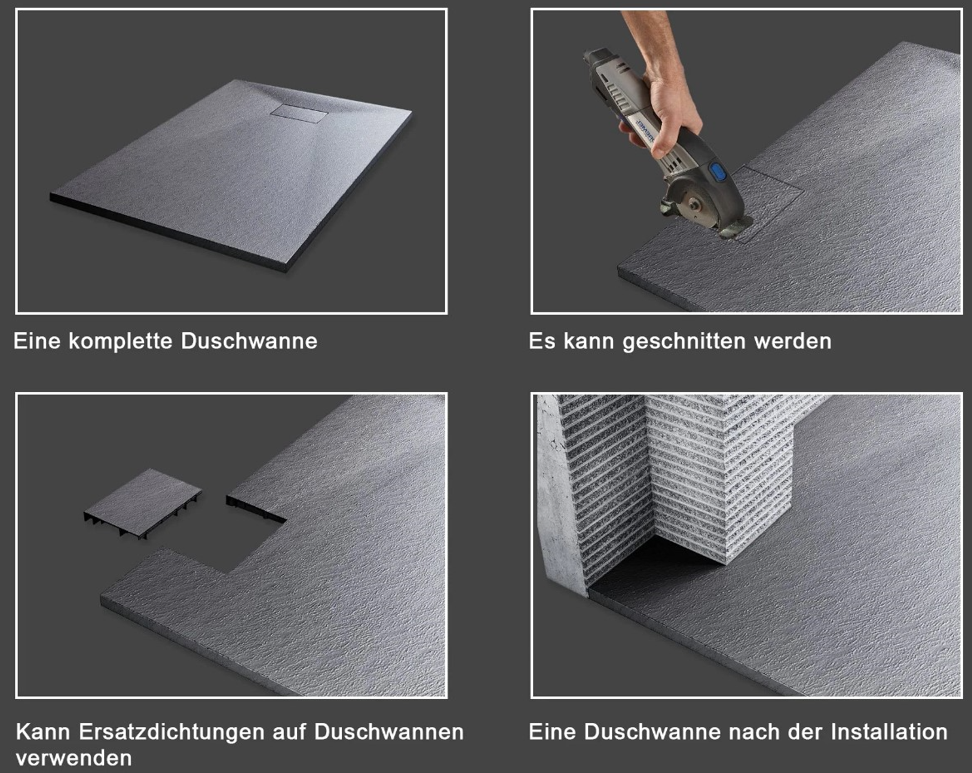 Duschtasse, 80x80cm, 90x90cm usw. 3cm Dicke, Duschwanne, schneidbar, mit Ablaufgarnitur