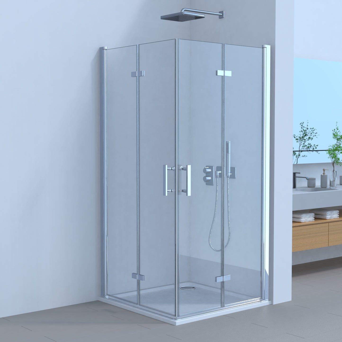 Duschkabine Falttür, Eckeinstieg, 6 mm Nano ESG-Sicherheitsglas, Höhe 185 cm