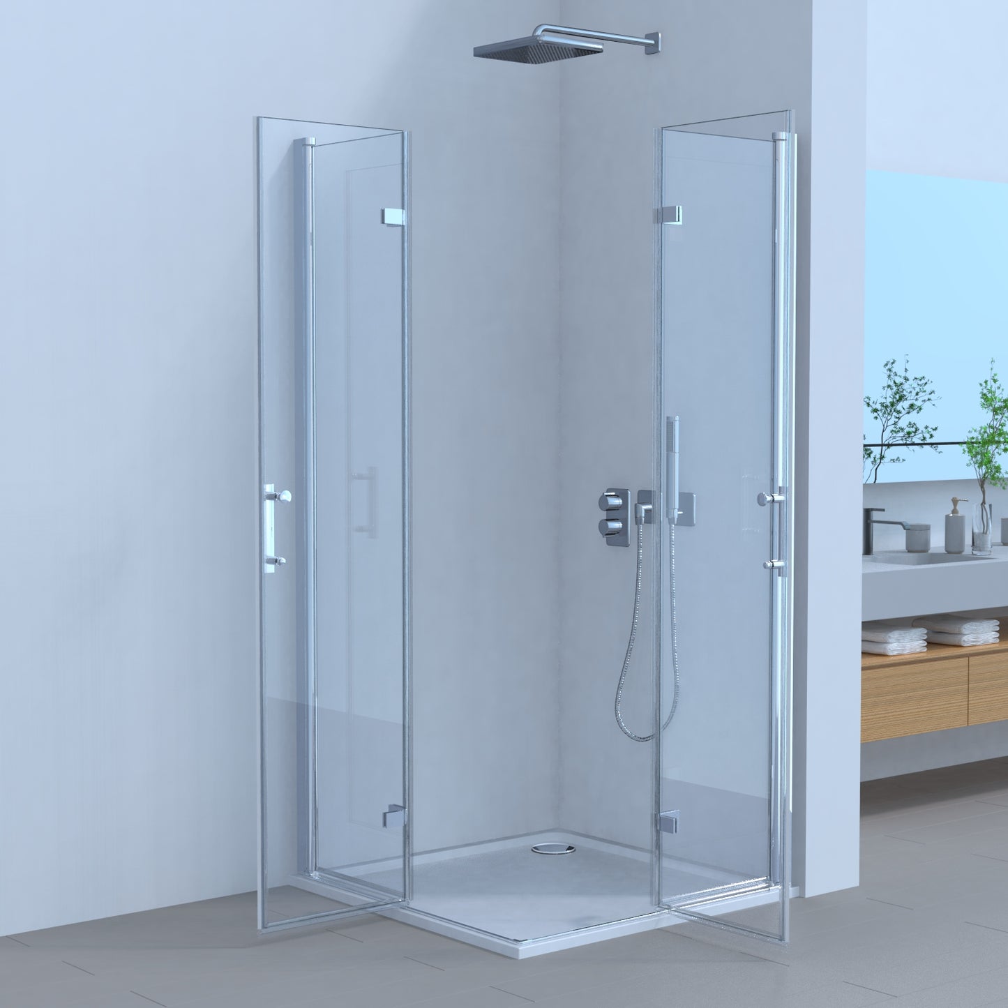 Duschkabine Falttür, Eckeinstieg, 6 mm Nano ESG-Sicherheitsglas, Höhe 185 cm