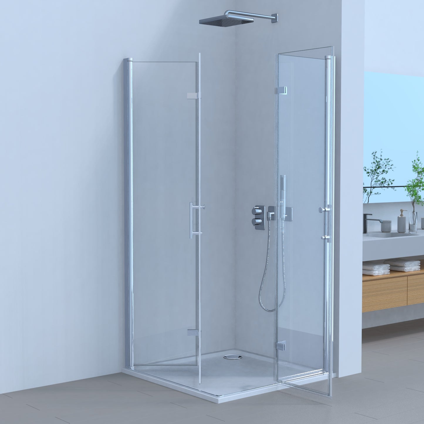 Duschkabine Falttür, Eckeinstieg, 6 mm Nano ESG-Sicherheitsglas, Höhe 185 cm