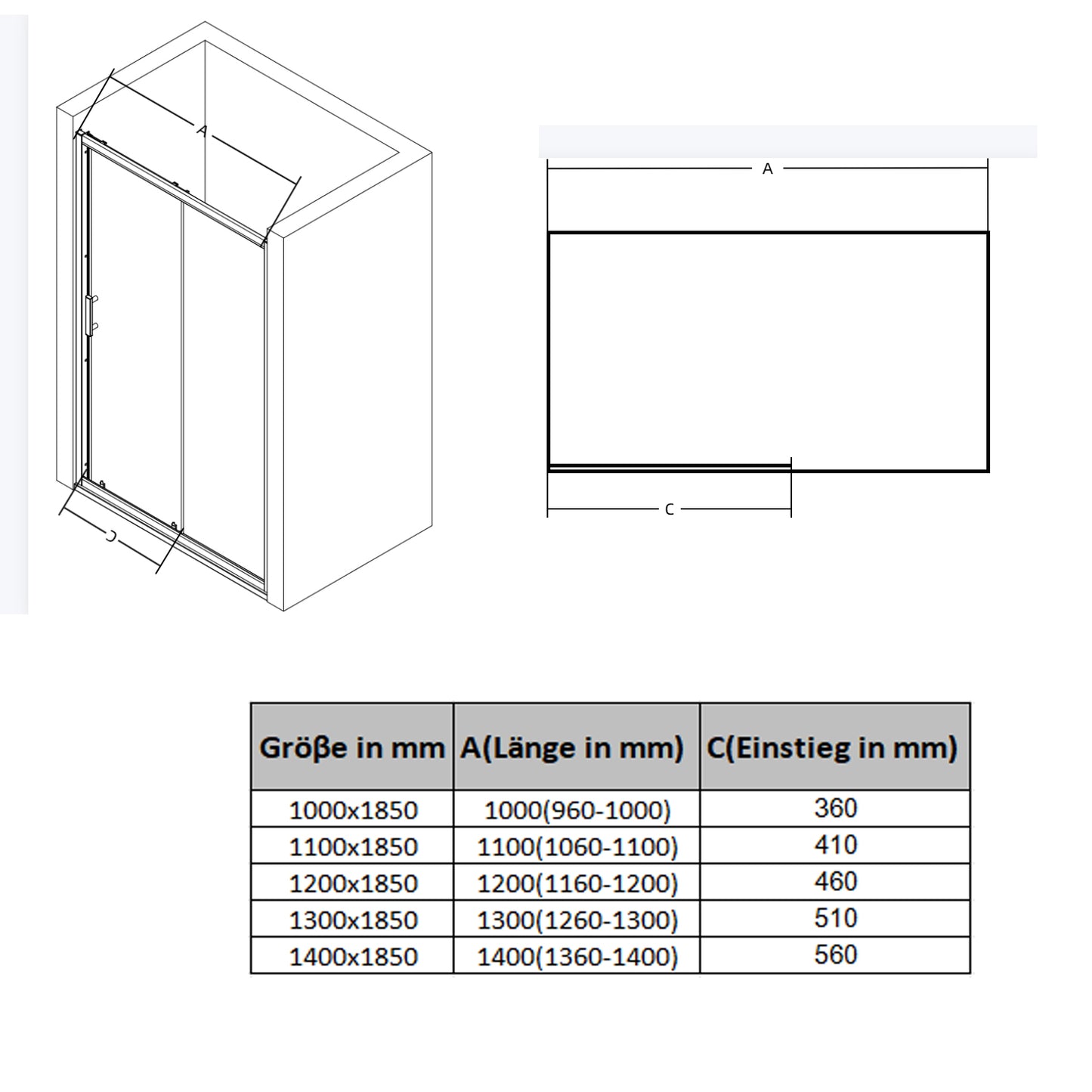 Nischentür Schiebetür 100/110/120/130/140x185 cm, 5mm ESG Duschtür Duschtrennwand Duschabtrennung