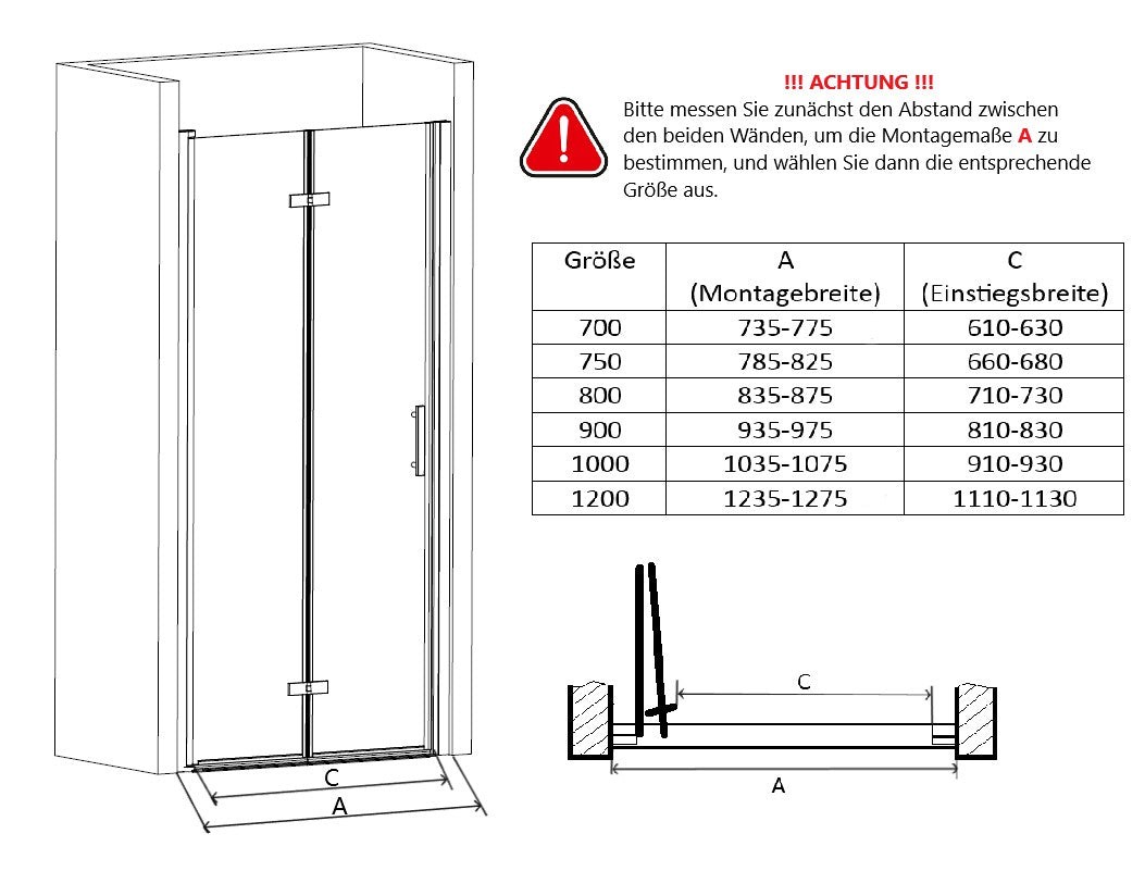 Nischentür Duschtür 70/75/80/90/100/120x185 cm Faltbar 6mm ESG Nano Beschichtung Duschtrennwand Duschabtrennung