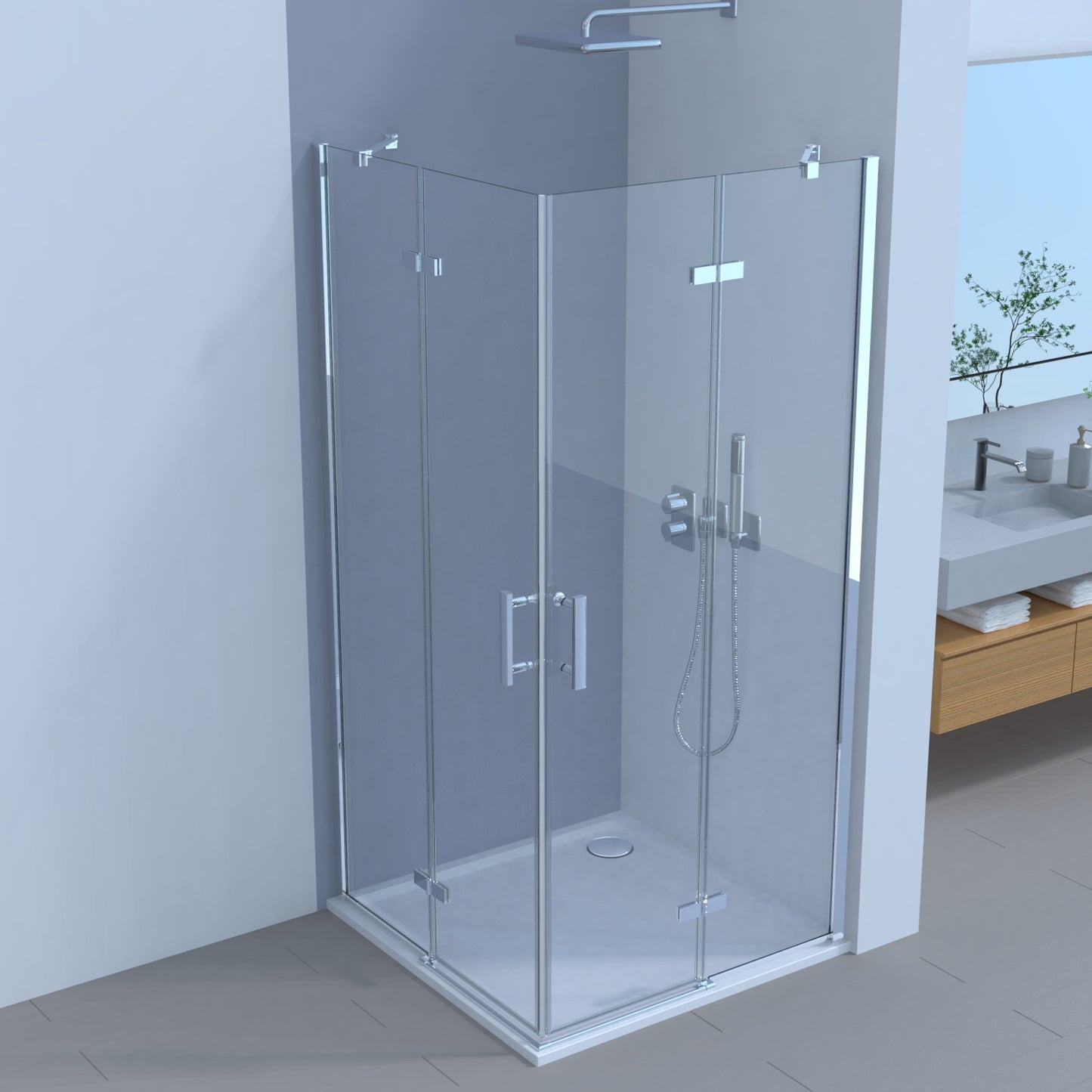 Duschkabine Pendeltür, Schwingtür/Scharniertür, Eckeinstieg Höhe 185 cm