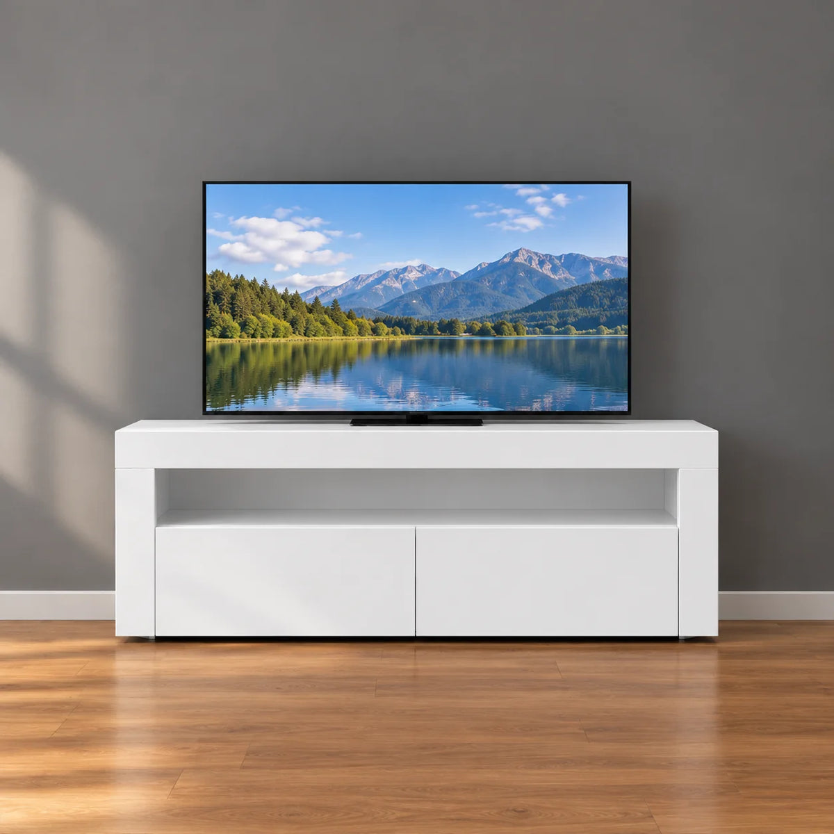 TV-Schrank Hochglanz Weiß mit LED-Beleuchtung, Moderner Fernsehtisch mit Stauraum, TV-Lowboard mit Fernbedienung, 120 cm