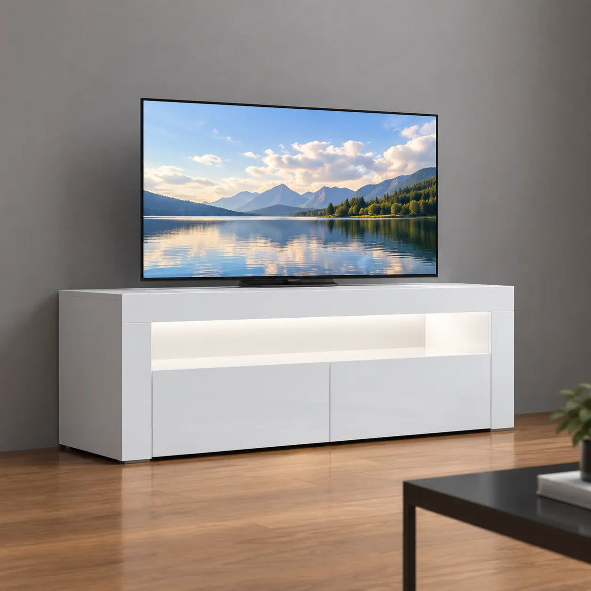 TV-Schrank Hochglanz Weiß mit LED-Beleuchtung, Moderner Fernsehtisch mit Stauraum, TV-Lowboard mit Fernbedienung, 120 cm