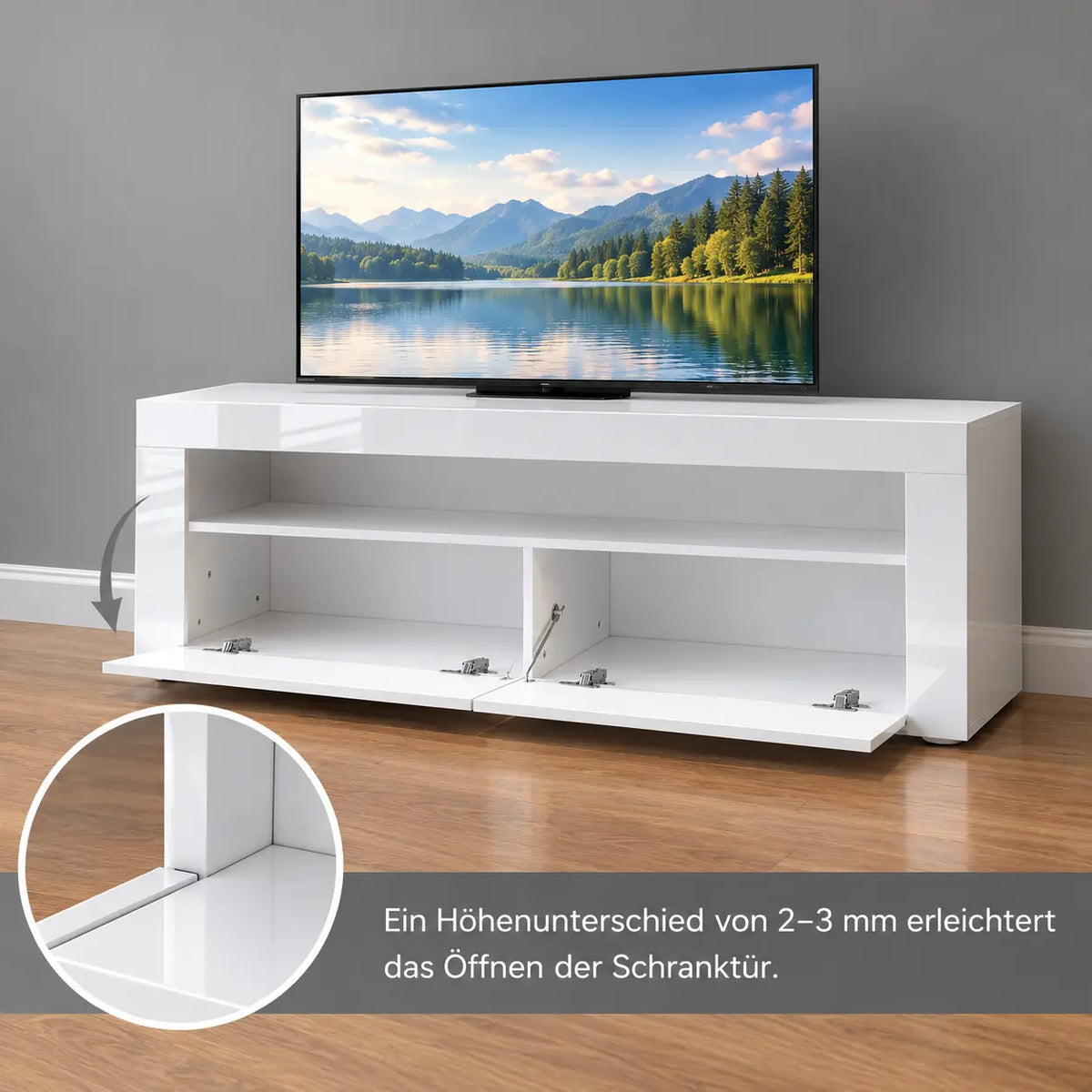 TV-Schrank Hochglanz Weiß mit LED-Beleuchtung, Moderner Fernsehtisch mit Stauraum, TV-Lowboard mit Fernbedienung, 120 cm