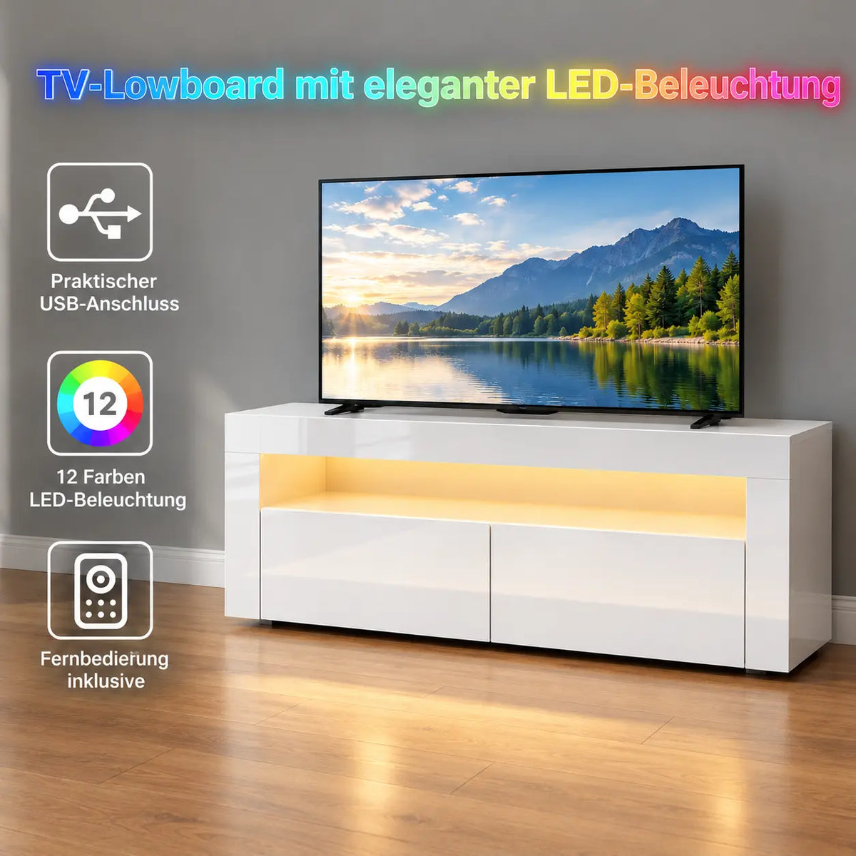 TV-Schrank Hochglanz Weiß mit LED-Beleuchtung, Moderner Fernsehtisch mit Stauraum, TV-Lowboard mit Fernbedienung, 120 cm