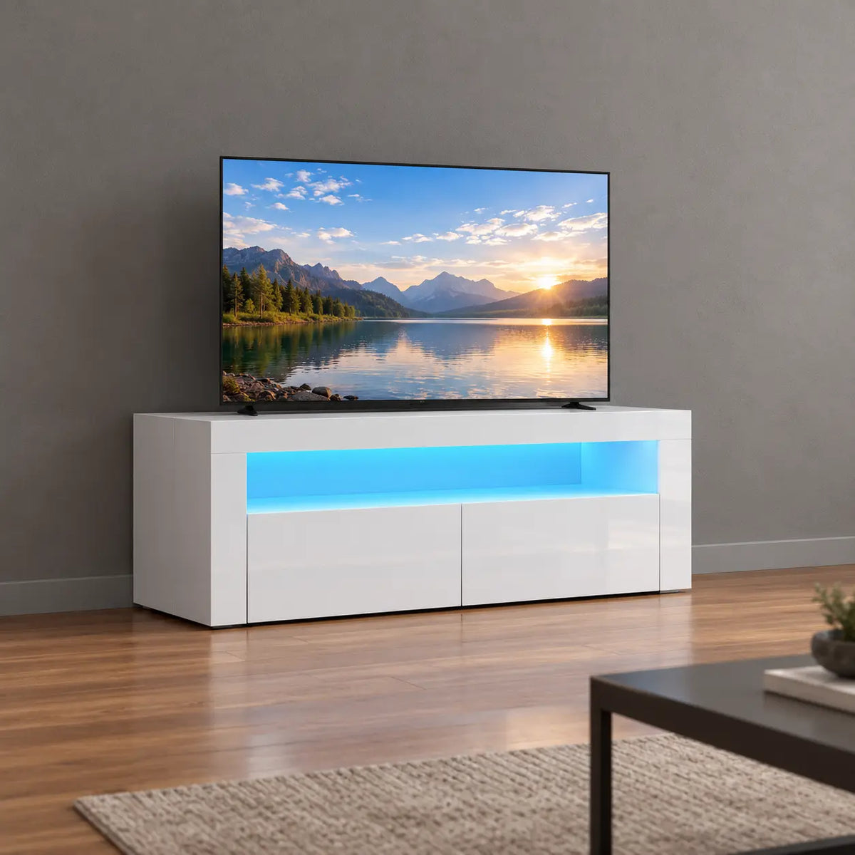 TV-Schrank Hochglanz Weiß mit LED-Beleuchtung, Moderner Fernsehtisch mit Stauraum, TV-Lowboard mit Fernbedienung, 120 cm