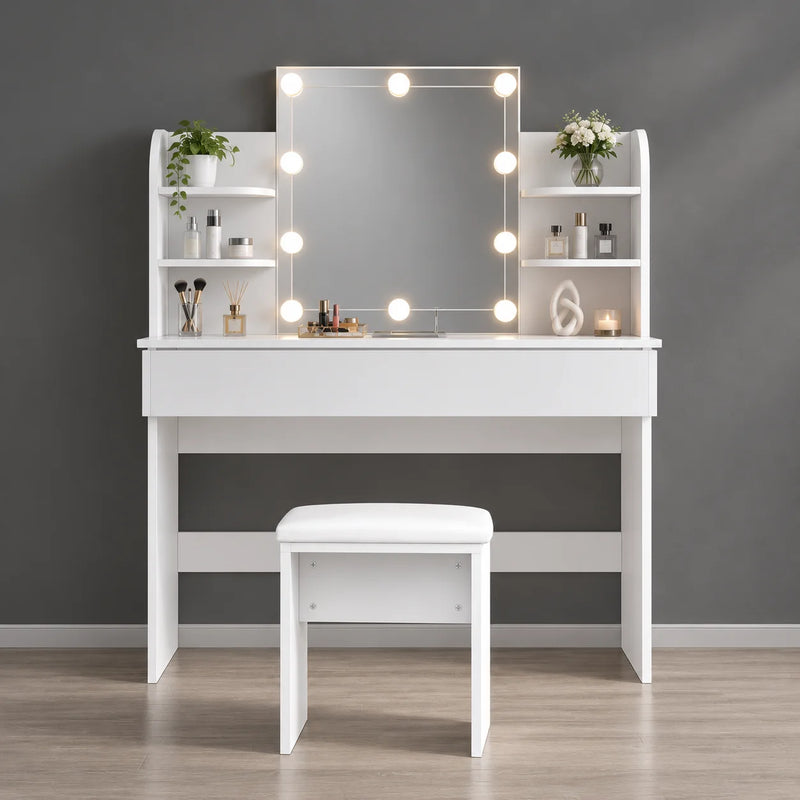 Schminktisch mit LED-Spiegel und Hocker – 12 LED-Leuchten, 3 Lichtfarben, dimmbar, mit Schubladen