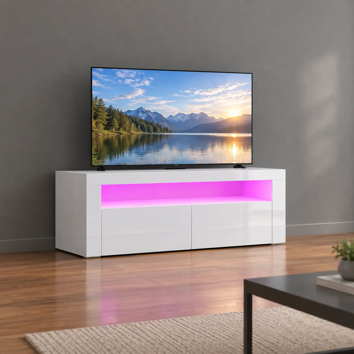 TV-Schrank Hochglanz Weiß mit LED-Beleuchtung, Moderner Fernsehtisch mit Stauraum, TV-Lowboard mit Fernbedienung, 120 cm