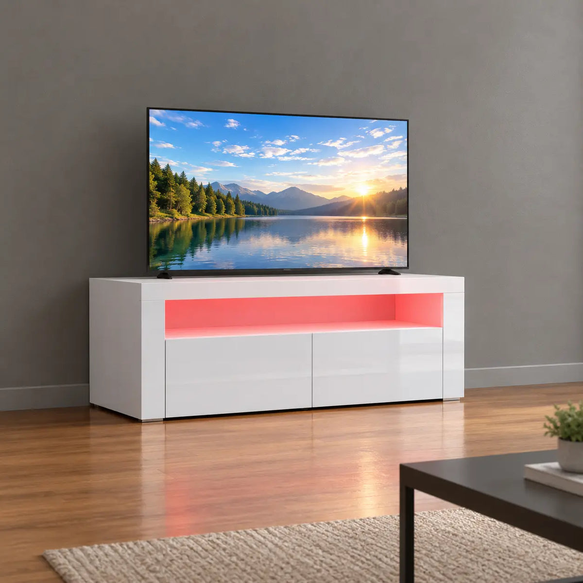 TV-Schrank Hochglanz Weiß mit LED-Beleuchtung, Moderner Fernsehtisch mit Stauraum, TV-Lowboard mit Fernbedienung, 120 cm