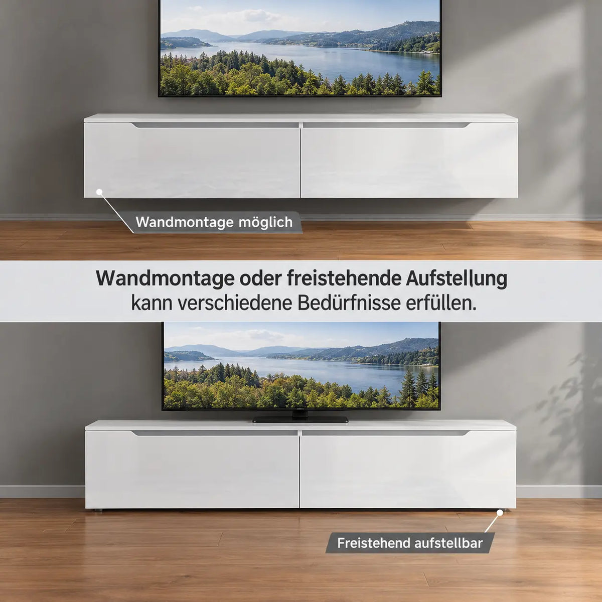 TV-Schrank 160 cm Hochglanz Weiß mit RGB LED, Soft-Close, hängend oder stehend