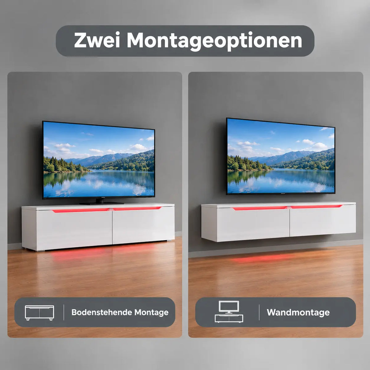 TV-Schrank 160 cm Hochglanz Weiß mit RGB LED, Soft-Close, hängend oder stehend
