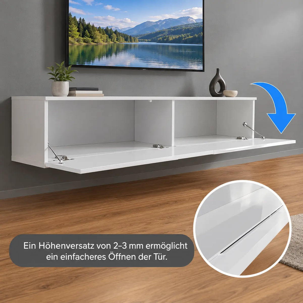 TV-Schrank 160 cm Hochglanz Weiß mit RGB LED, Soft-Close, hängend oder stehend