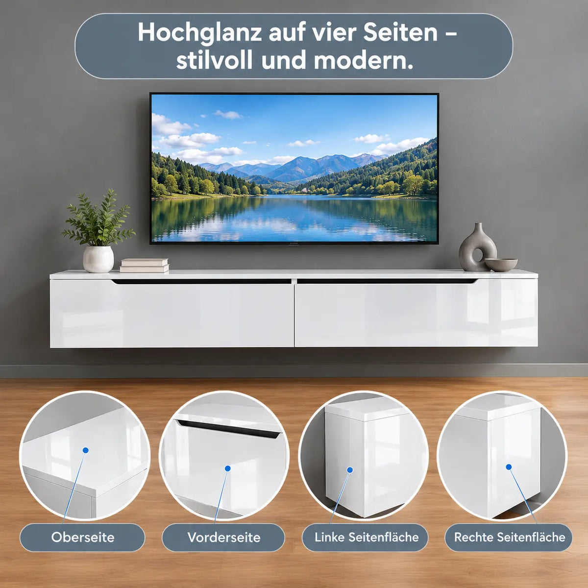 TV-Schrank 160 cm Hochglanz Weiß mit RGB LED, Soft-Close, hängend oder stehend