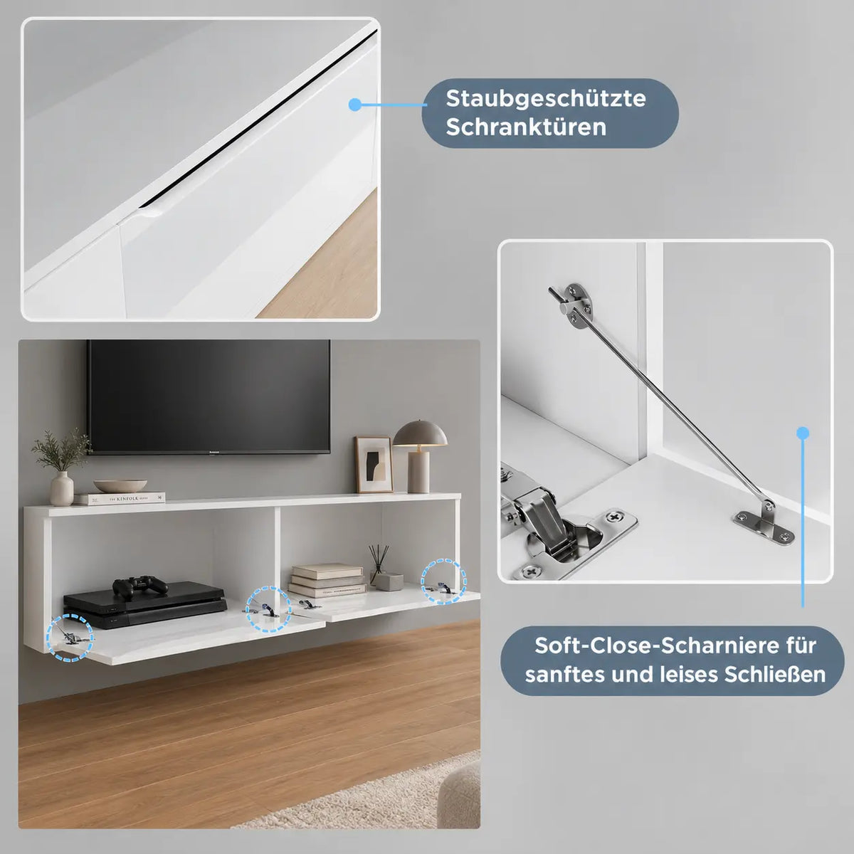TV-Schrank 160 cm Hochglanz Weiß mit RGB LED, Soft-Close, hängend oder stehend