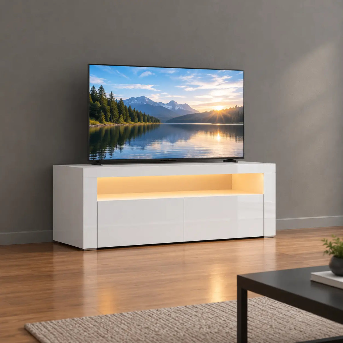 TV-Schrank Hochglanz Weiß mit LED-Beleuchtung, Moderner Fernsehtisch mit Stauraum, TV-Lowboard mit Fernbedienung, 120 cm
