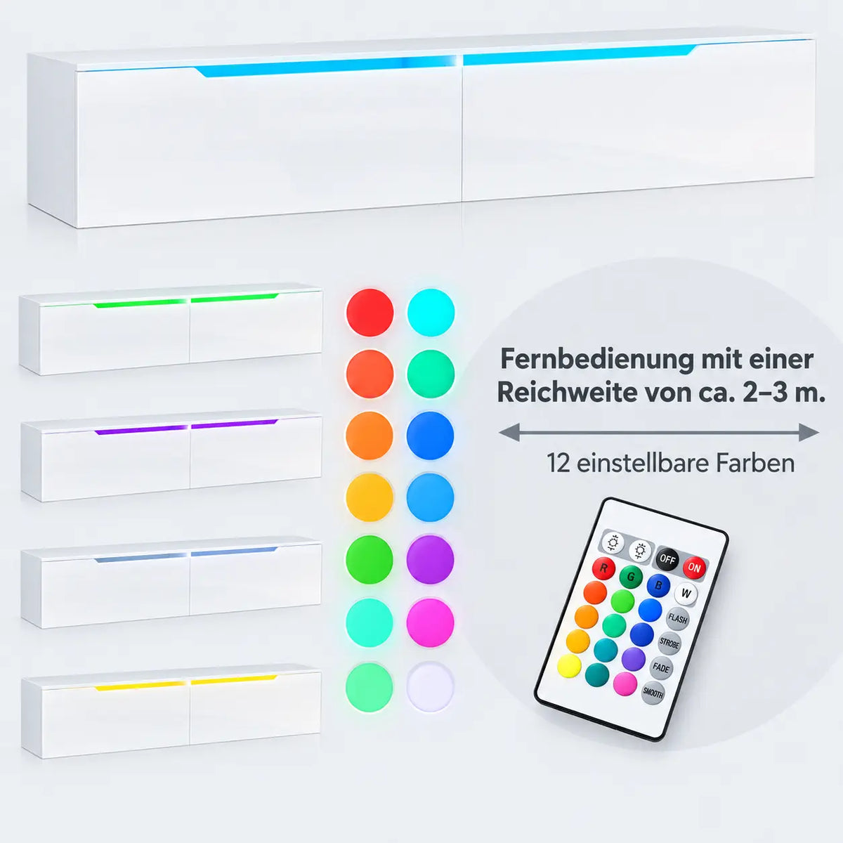 TV-Schrank 160 cm Hochglanz Weiß mit RGB LED, Soft-Close, hängend oder stehend