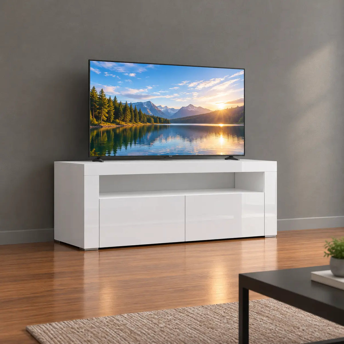 TV-Schrank Hochglanz Weiß mit LED-Beleuchtung, Moderner Fernsehtisch mit Stauraum, TV-Lowboard mit Fernbedienung, 120 cm