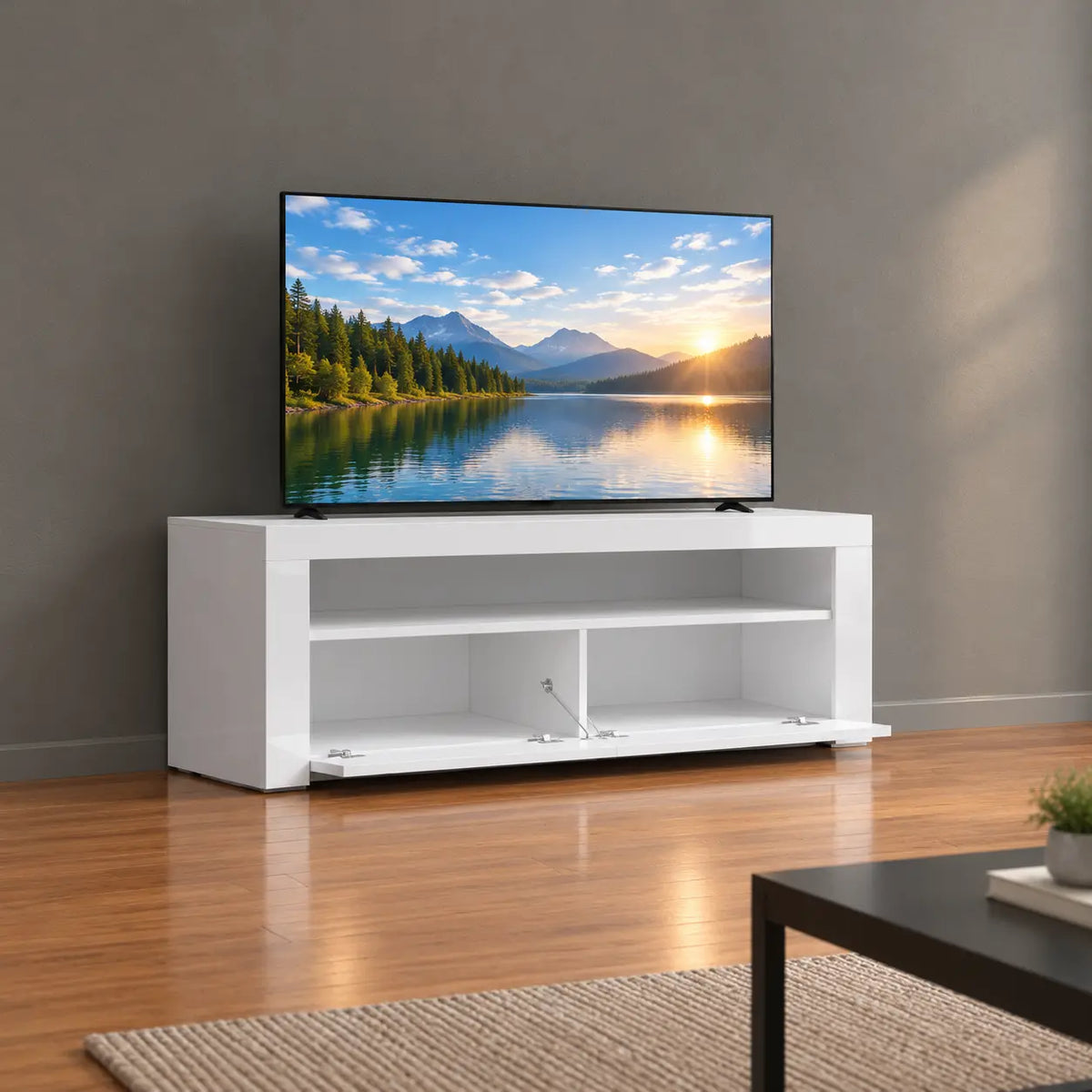 TV-Schrank Hochglanz Weiß mit LED-Beleuchtung, Moderner Fernsehtisch mit Stauraum, TV-Lowboard mit Fernbedienung, 120 cm