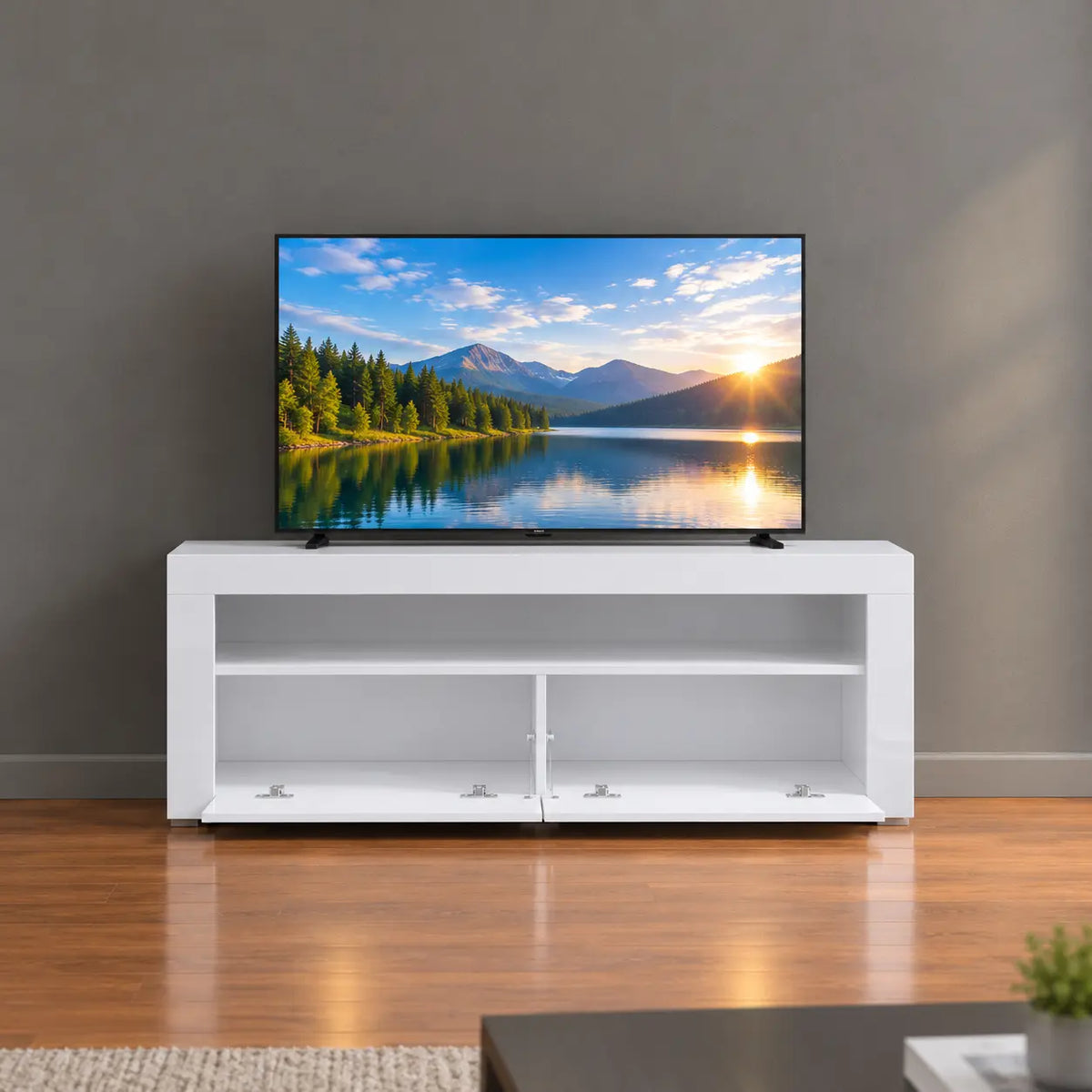 TV-Schrank Hochglanz Weiß mit LED-Beleuchtung, Moderner Fernsehtisch mit Stauraum, TV-Lowboard mit Fernbedienung, 120 cm