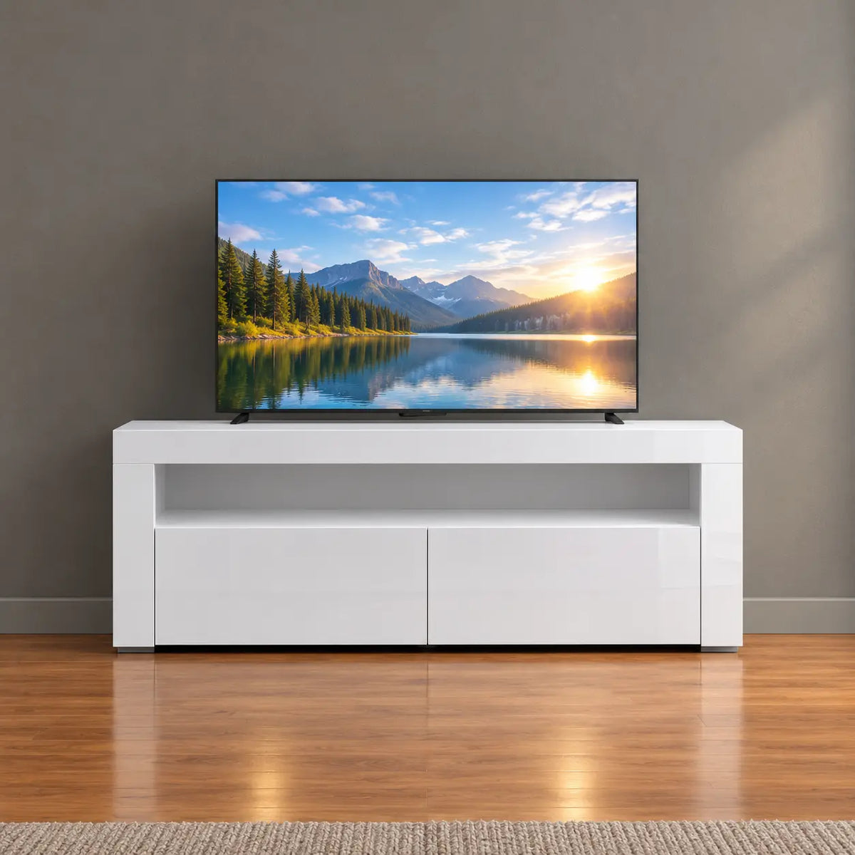TV-Schrank Hochglanz Weiß mit LED-Beleuchtung, Moderner Fernsehtisch mit Stauraum, TV-Lowboard mit Fernbedienung, 120 cm