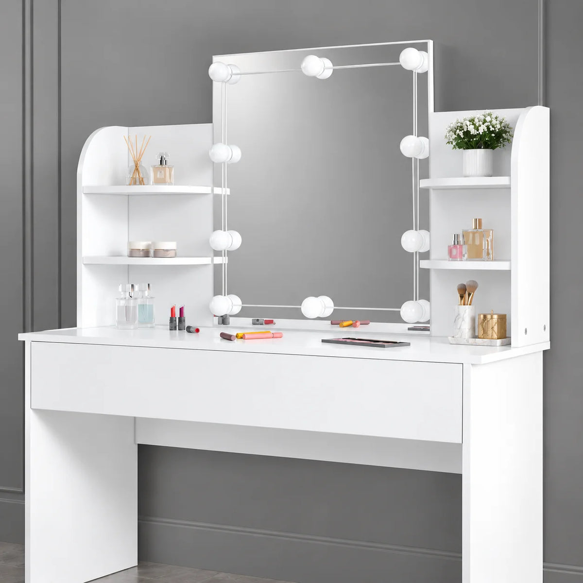 Schminktisch mit LED-Spiegel und Hocker – 12 LED-Leuchten, 3 Lichtfarben, dimmbar, mit Schubladen