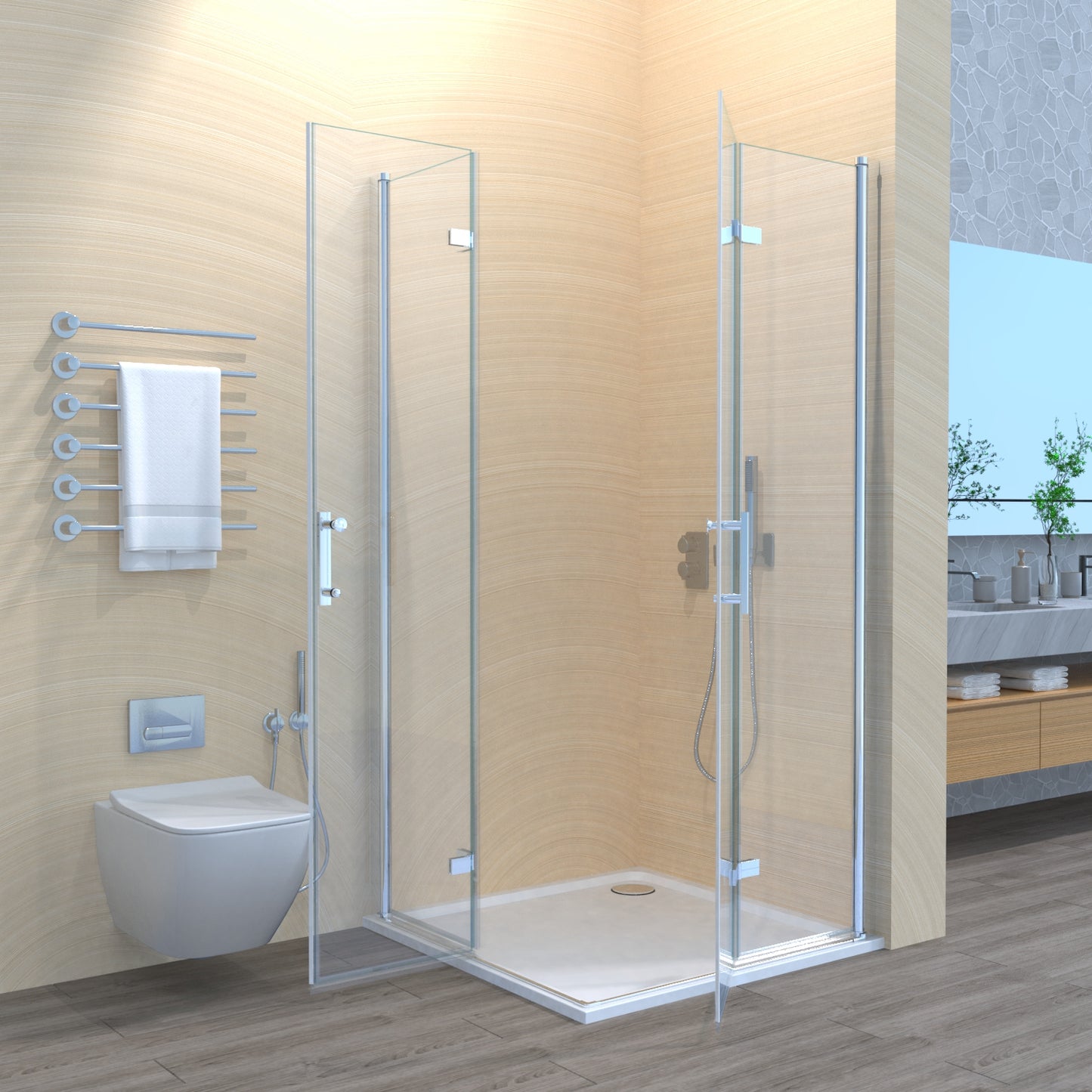 Duschkabine Falttür, Eckeinstieg, 6 mm Nano ESG-Sicherheitsglas, Höhe 185 cm