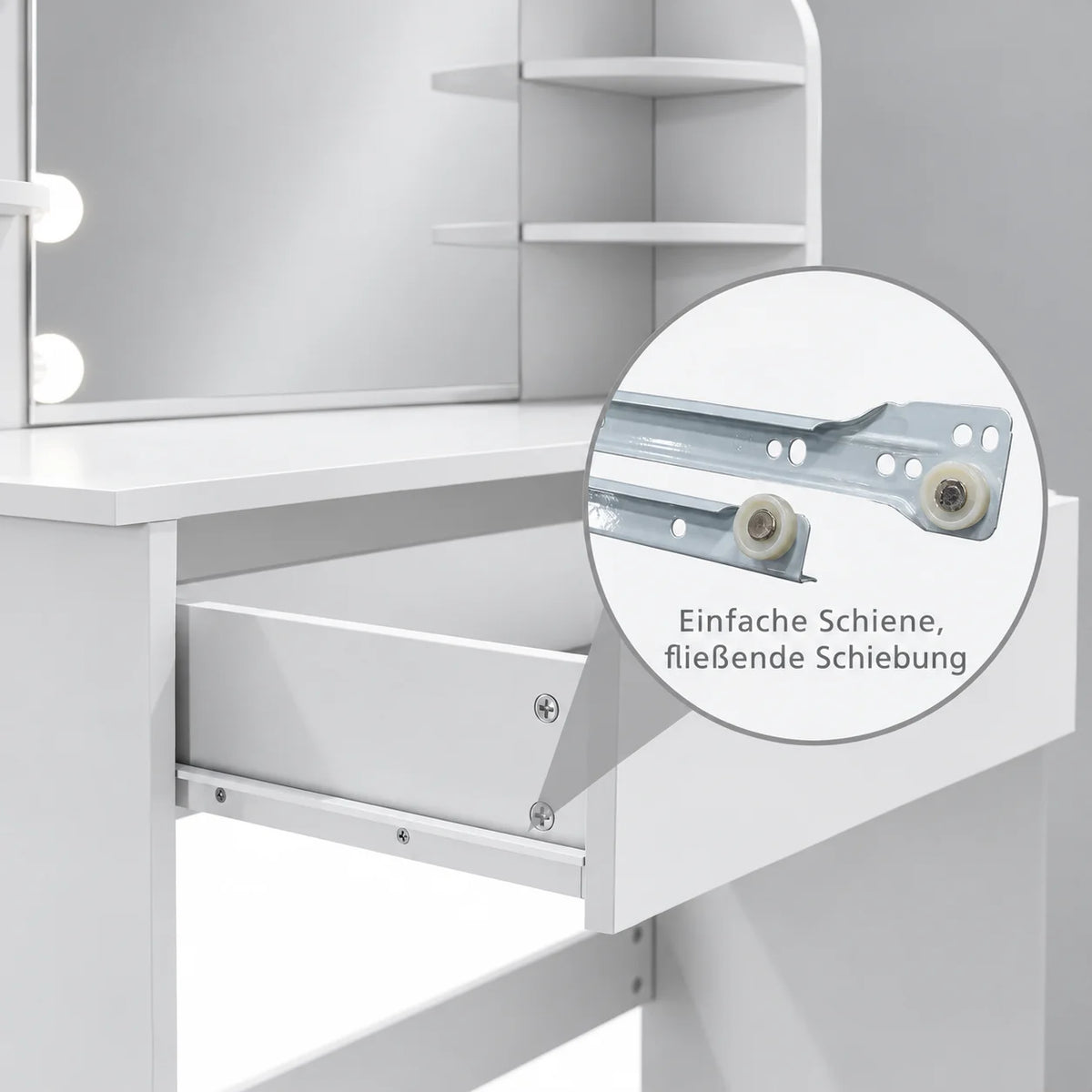 Schminktisch mit LED-Spiegel und Hocker – 12 LED-Leuchten, 3 Lichtfarben, dimmbar, mit Schubladen