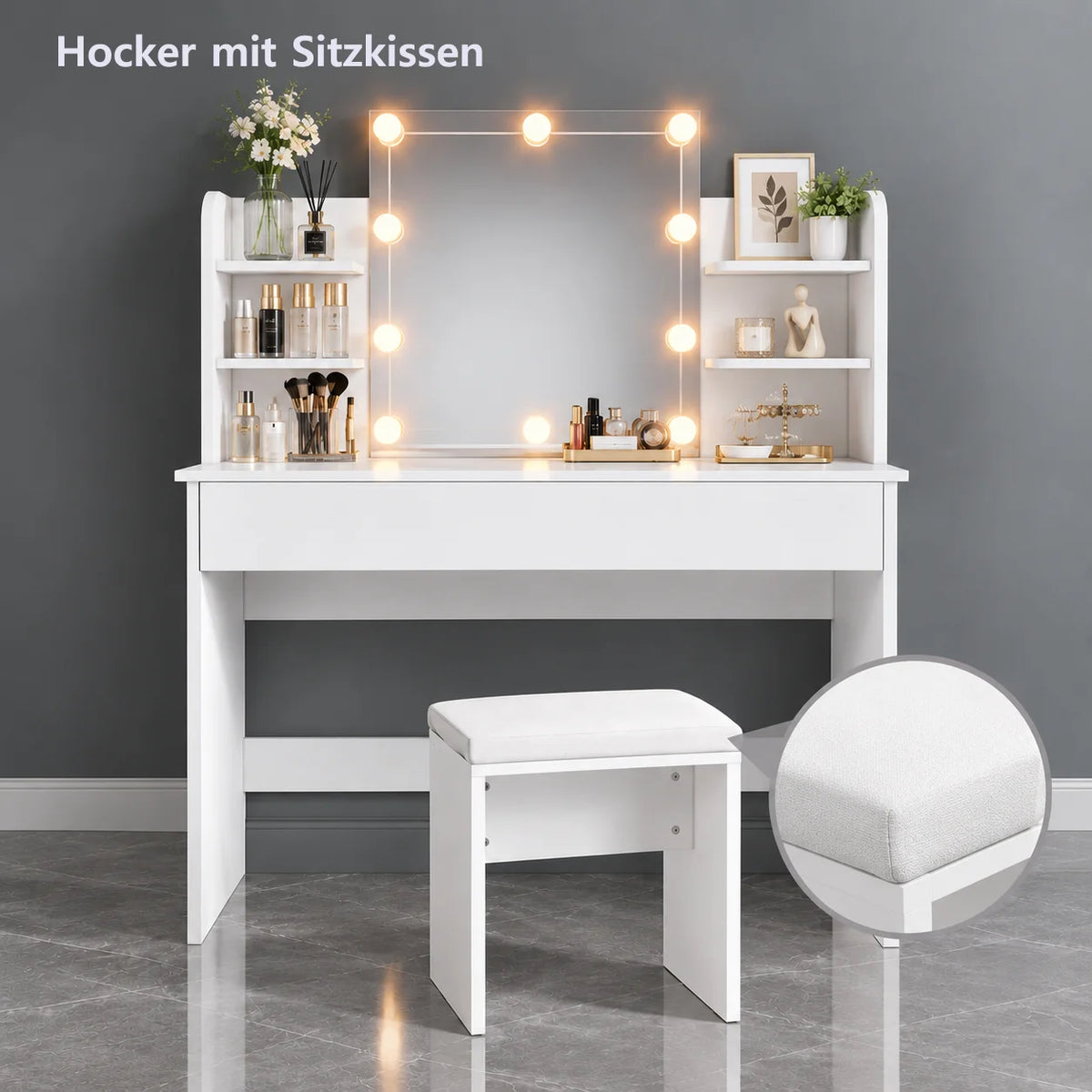 Schminktisch mit LED-Spiegel und Hocker – 12 LED-Leuchten, 3 Lichtfarben, dimmbar, mit Schubladen