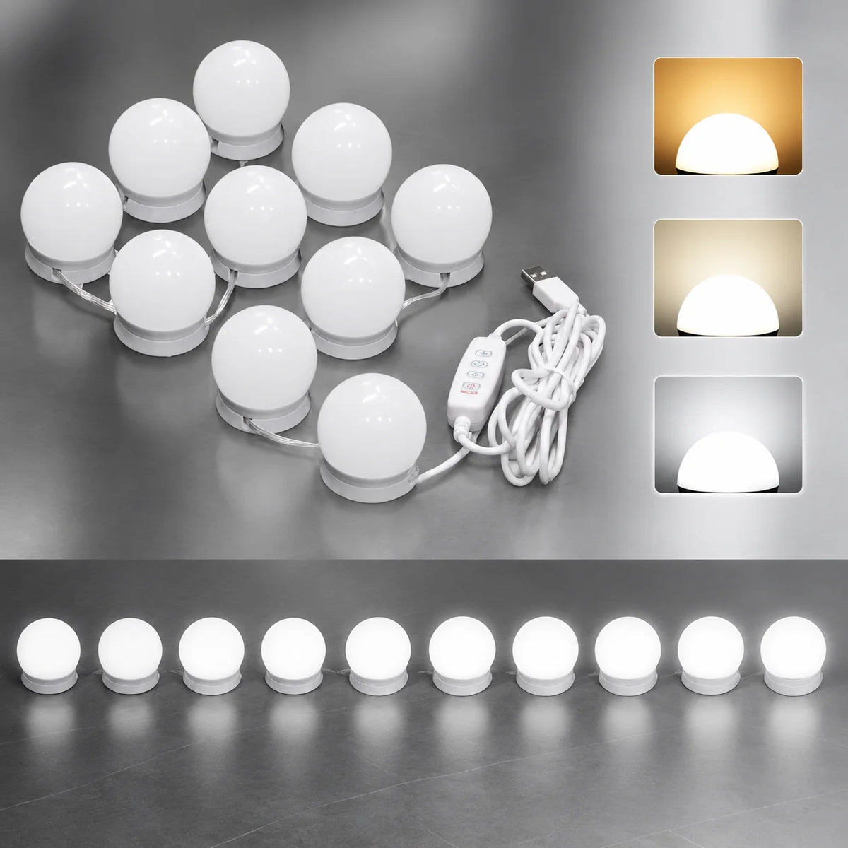 Schminktisch mit LED-Spiegel und Hocker – 12 LED-Leuchten, 3 Lichtfarben, dimmbar, mit Schubladen