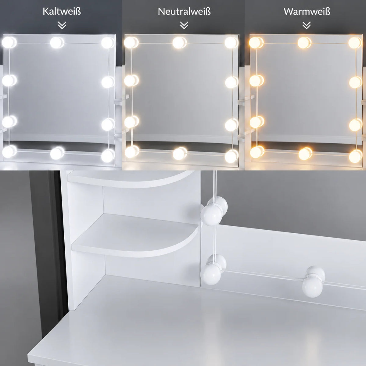 Schminktisch mit LED-Spiegel und Hocker – 12 LED-Leuchten, 3 Lichtfarben, dimmbar, mit Schubladen