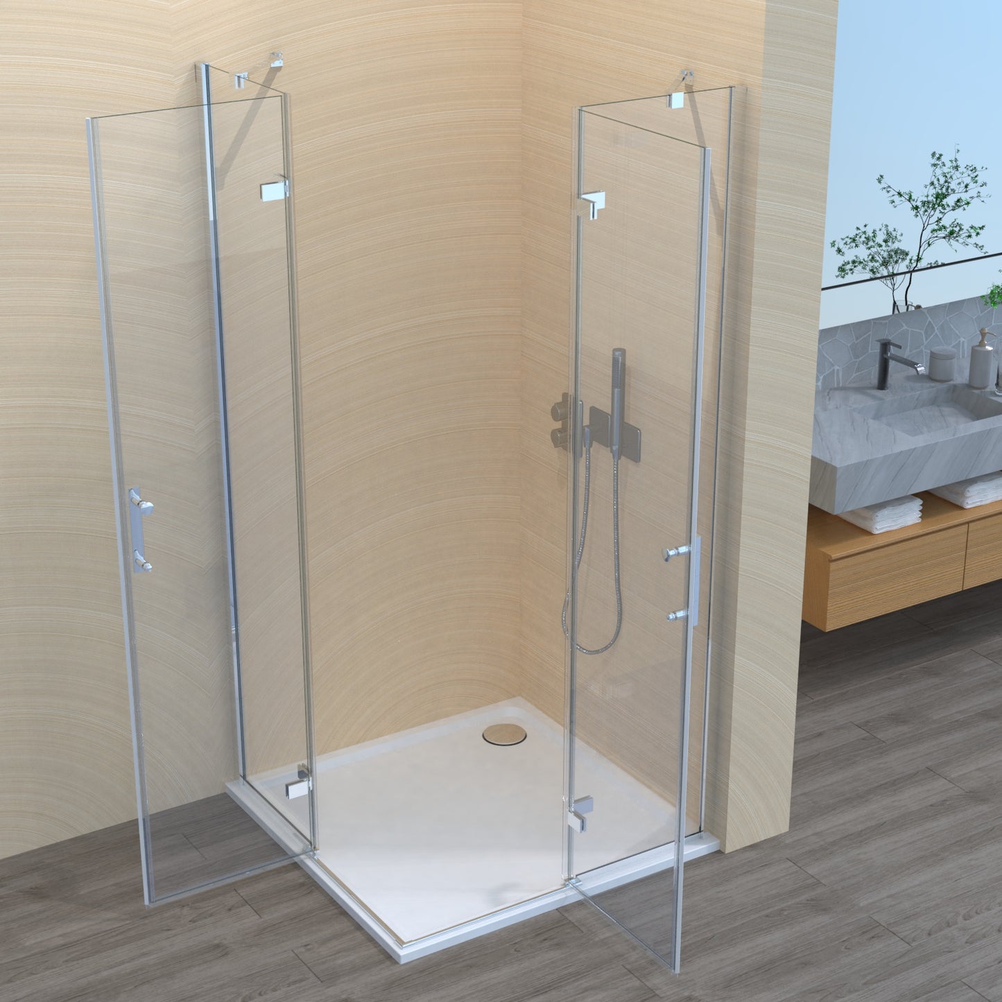 Duschkabine Pendeltür, Schwingtür/Scharniertür, Eckeinstieg Höhe 185 cm