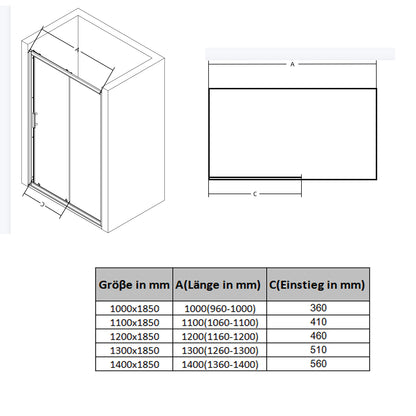 Nischentür Schiebetür  100/110/120/130/140x185 cm, 5mm ESG Duschtür Duschtrennwand Duschabtrennung