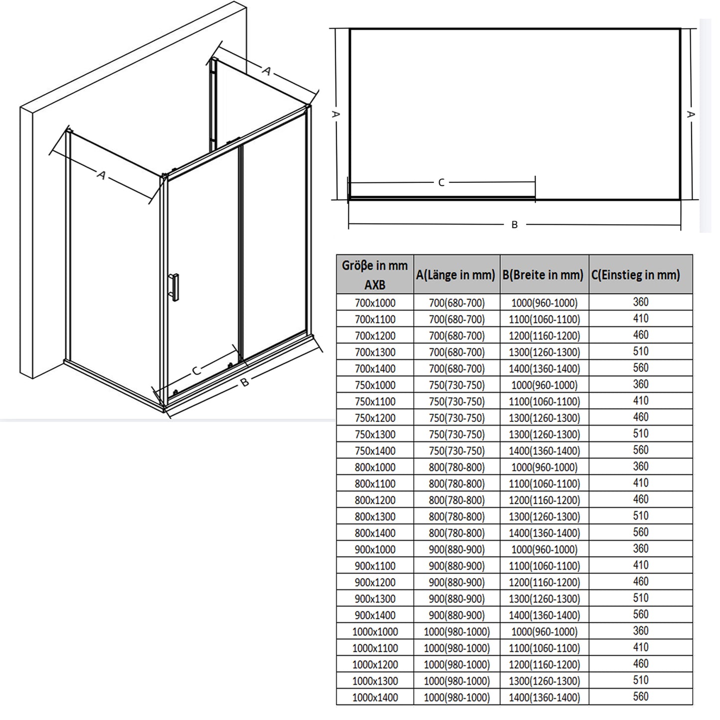 Duschkabine U-Dusche, Schiebetür + 2*Seitengläser, 5 mm ESG-Sicherheitsglas, H185 cm