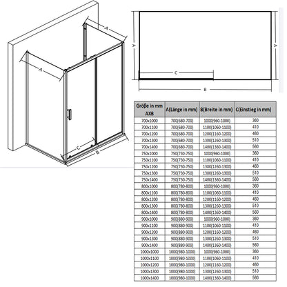 Duschkabine U-Dusche, Schiebetür + 2*Seitengläser, 5 mm ESG-Sicherheitsglas, H185 cm